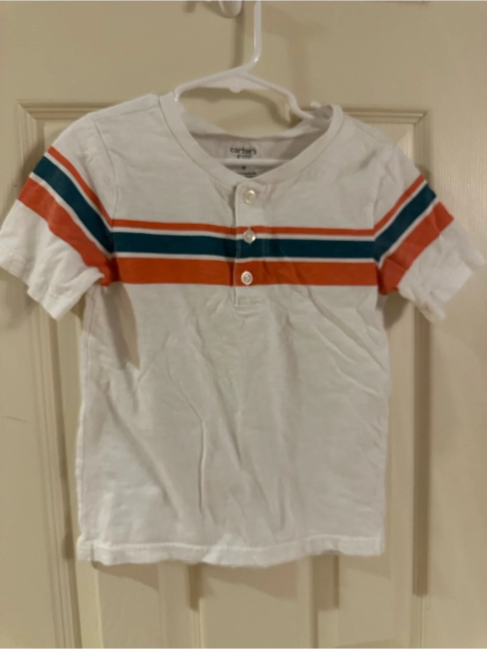 Carter's White Short Sleeve Henley with Orange and Teal Stripes